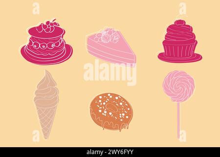 A variety of different types of desserts are arranged on a bright yellow background. The desserts include cakes, cupcakes, cookies, and pastries Stock Vector