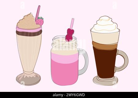 Three distinct beverages lined up in a straight row. Each drink is uniquely different in color, size, and type Stock Vector