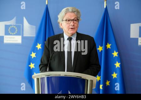 Belgium, Brussels, on June 15, 2023: Thierry Breton, Commissioner for Internal Market of the European Union,at a press conference on cybersecurity. Th Stock Photo