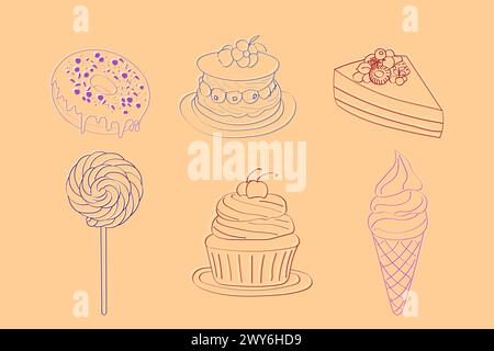 Various types of cakes and desserts, including cupcakes, pies, tarts, pastries, and more. Each dessert is uniquely depicted with intricate details and vibrant colors Stock Vector