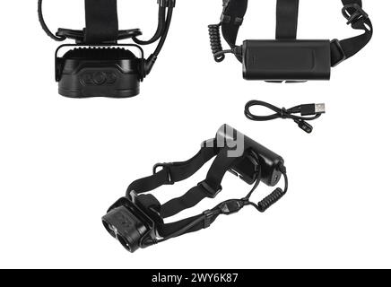 Modern LED headlamp. A flashlight for when you need your hands free. Isolate on a white background. Stock Photo