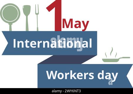 Kitchen workers day banner with text and kitchen utensils on a white background Stock Vector