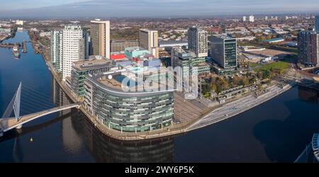 Panoramic aerial photograph of MediaCityUK, Salford Quays, UK including the BBC Studios, University of Salford, Dock 10 & the Manchester Ship Canal Stock Photo