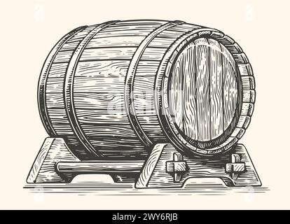 Hand drawing wood barrel. Cask, keg sketch vintage vector illustration Stock Vector