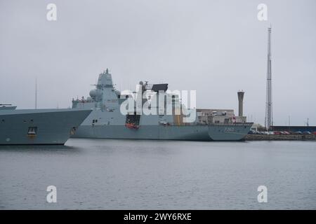 The Danish naval frigate Niels Juel is docked in Korsoer on Thursday, April 4, 2024. During a mandatory test, the booster rocket on a Harpoon missile aboard the frigate has been activated, and it cannot be turned off, the Defense announced on Thursday in a press release. (Photo: Emil Helms/Scanpix 2024) Stock Photo