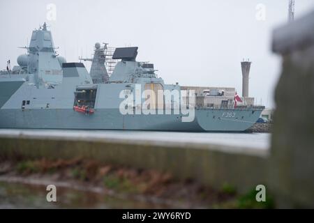 The Danish naval frigate Niels Juel is docked in Korsoer on Thursday, April 4, 2024. During a mandatory test, the booster rocket on a Harpoon missile aboard the frigate has been activated, and it cannot be turned off, the Defense announced on Thursday in a press release. (Photo: Emil Helms/Scanpix 2024) Stock Photo