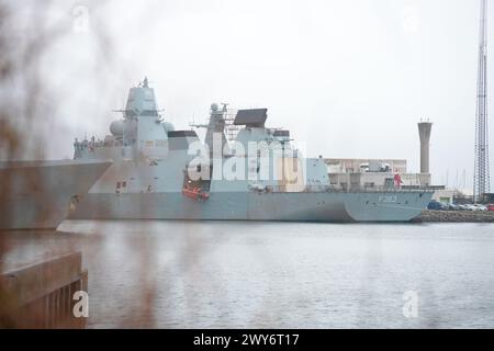 The Danish naval frigate Niels Juel is docked in Korsoer on Thursday, April 4, 2024. During a mandatory test, the booster rocket on a Harpoon missile aboard the frigate has been activated, and it cannot be turned off, the Defense announced on Thursday in a press release. (Photo: Emil Helms/Scanpix 2024) Stock Photo