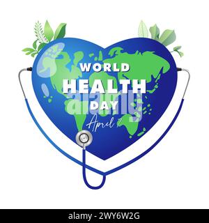 World Health Day 7 April social media poster. Greeting card design with heart shaped 3D planet Earth, green leaves and stethoscope. Creative icon. Stock Vector