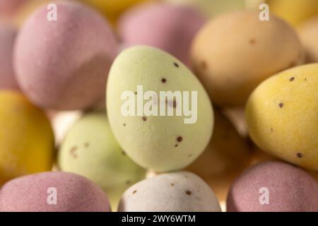 Close-up of pastel coloured, sugar coated mini eggs. Stock Photo