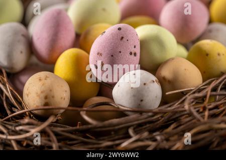 Close-up of colourful sugar-coated chocolate mini eggs arranged in a faux bird's nest. Stock Photo