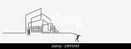 Men drawing line house. Creative design. Billboard for an architecture firm, emphasizing innovative design solutions. Stock Photo