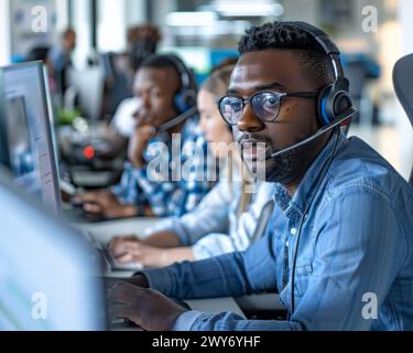 A man wearing a headset is working on a computer. He is wearing glasses and a blue shirt Stock Photo