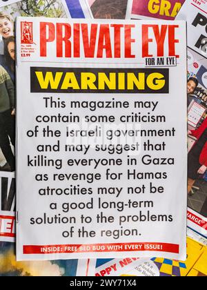 'Warning: This magazine ...' front cover of Private Eye magazine in the 20 October-2nd November edition (No 1609) following the Hamas attack on Israel Stock Photo