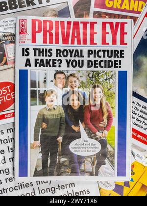 'Is this Royal Picture a fake?...' front cover of Private Eye magazine in the 15-28 March 2024 edition (No 1619) after altered Royal photo published. Stock Photo