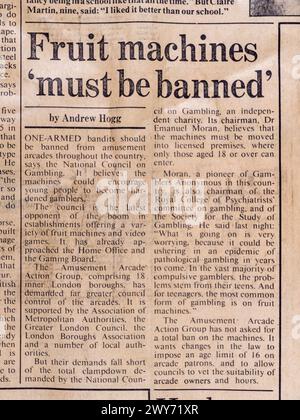 'Fruit machines must be banned' headlined article in the Sunday Times newspaper (original copy), 7th October 1984. Stock Photo