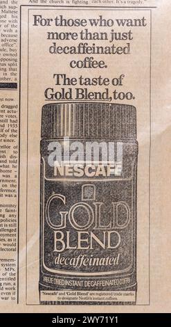 Advert for Nescafe Gold Blend decaffeinated in the Sunday Times newspaper (original copy), 7th October 1984. Stock Photo