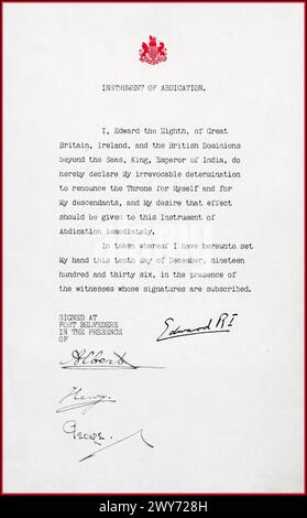 EDWARD VIII Instrument of Abdication 10th December 1936. Signed at Fort Belvedere Stock Photo