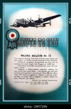 WW2 UK Propaganda poster for The RAF. 'TRIBUTE TO YOU' featuring a Halifax bomber aircraft that made it back to England despite the odds. 'A victory for men, machine and makers'. 1940's World War II Second World War The Royal Airforce 'Halifax Bulletin No. 13' Stock Photo