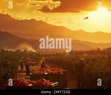 A group of individuals harvesting ripe tomatoes in a vast field on a sunny day. Stock Photo