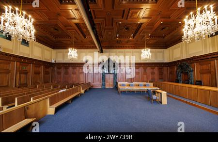 Nuremberg, Germany. 04th Apr, 2024. View of the historic jury courtroom 600 in the 'Memorium Nuremberg Trials' in the Nuremberg Justice Building. The 'main war crimes trial' of the International Military Tribunal against leading representatives of the National Socialist regime took place in Hall 600 of the Nuremberg Justice Building from November 20, 1945 to October 1, 1946. Credit: Daniel Karmann/dpa/Alamy Live News Stock Photo