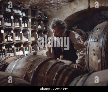 A man standing among numerous wine barrels in a cellar. Stock Photo