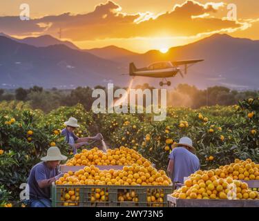 A plane flies over a vast field of ripe oranges under the clear sky. Stock Photo