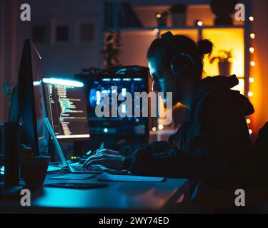 A man is sitting at a desk with a computer and a keyboard. He is wearing headphones and he is working on a computer Stock Photo