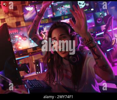 A woman is playing a video game and is very excited. She is wearing headphones and is smiling Stock Photo