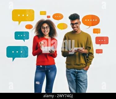 Two young people are smiling and holding tablets, possibly texting or browsing the internet. Concept of connection and communication between the two i Stock Photo