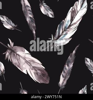 Watercolor bird feathers seamless pattern with monochrome feathers, grey black color with graphic ink line. Quills wings drawing illustration Stock Photo