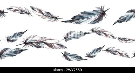 Watercolor seamless border, pattern with monochrome bird feathers grey black color with graphic ink line. Quills wings drawing illustration. Wrapping Stock Photo