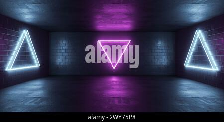 Neon-lit empty room with brick wall 3d render illustration Stock Photo