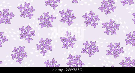 Seamless pattern with lilac, hydrangea or bluet flowers and abstract drops on violet background, top view, vector illustration Stock Vector