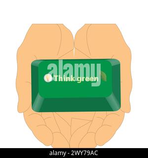Hands holding a keyboard button with the text think green Stock Vector
