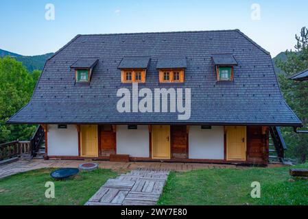 Sunset view of Drvengrad village in Serbia Stock Photo