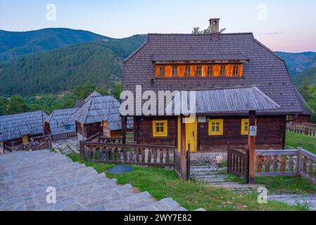 Sunset view of Drvengrad village in Serbia Stock Photo