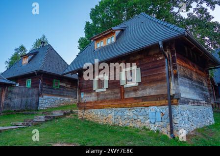 Sunset view of Drvengrad village in Serbia Stock Photo