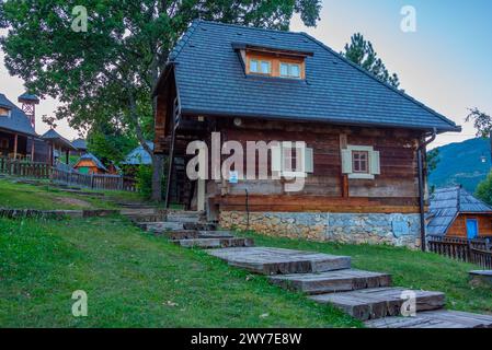 Sunset view of Drvengrad village in Serbia Stock Photo