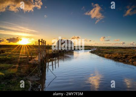 Thornham Old Harbour at sunset, Thornham, Norfolk, England, Uk Stock Photo