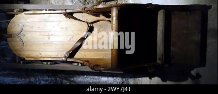 Kiruna, Sweden, February 22, 2020. An ancient shoulder container to carry various materials Stock Photo