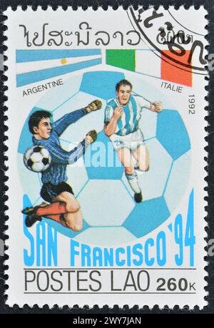 Cancelled postage stamp printed by Laos, that promotes FIFA World Cup Football Championship 1994, USA, circa 1992. Stock Photo