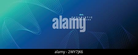 Dark Blue Green Gradient Flowing Dot Waving Particle Geometric Technology Abstract Banner Background. Digital Futuristic Navy Blue Dotted Wave Stock Vector