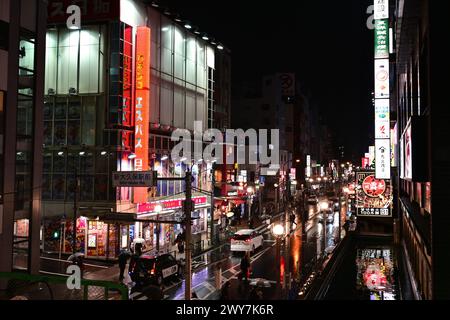 Ōkubo at night with a view of okubo-dori avenue – Shin-Ōkubo, Shinjuku, Tokyo, Japan – 29 February 2024 Stock Photo