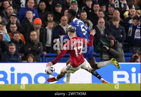 Manchester United's Alejandro Garnacho scores their first goal of the game during the Premier League match at Stamford Bridge, London. Picture date: Thursday April 4, 2024. Stock Photo