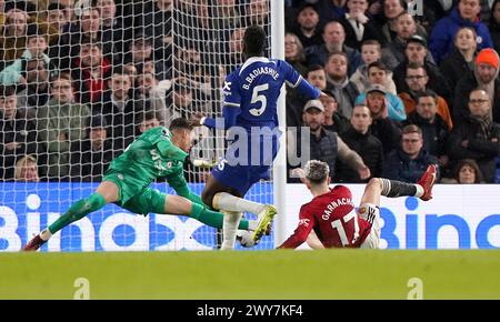 Manchester United's Alejandro Garnacho scores their first goal of the game during the Premier League match at Stamford Bridge, London. Picture date: Thursday April 4, 2024. Stock Photo