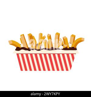 Hand drawn doodle Poutine icon, traditional Quebec meal with fried potato, brown gravy, and cheese curds, Vector illustration isolated on white Stock Vector