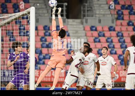 Bologna, Italia. 04th Apr, 2024. Fiorentina's goalkeeper Laerte Tognetti in action during the Primavera TIM Cup final match between Fiorentina and Torino - Primavera TIM Cup at Renato Dall'Ara Stadium - Sport, Soccer - Bologna, Italy - Thursday April 4, 2024 (Photo by Massimo Paolone/LaPresse) Credit: LaPresse/Alamy Live News Stock Photo