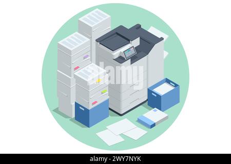 Isometric Office Multi-function Printer scanner. Print, copy, scan, fax. For office documents, presentations and marketing collateral, with enterprise Stock Vector