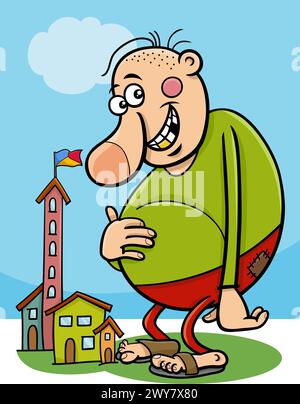 Cartoon illustration of funny giant fantasy or fairy tale character and small town Stock Vector