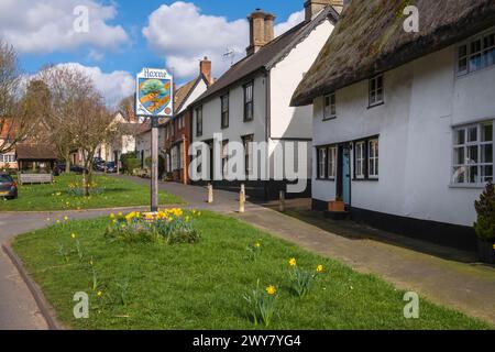 Low Street, Hoxne, Suffolk, East Anglia,UK. The village sign on the green with spring daffodils. Stock Photo